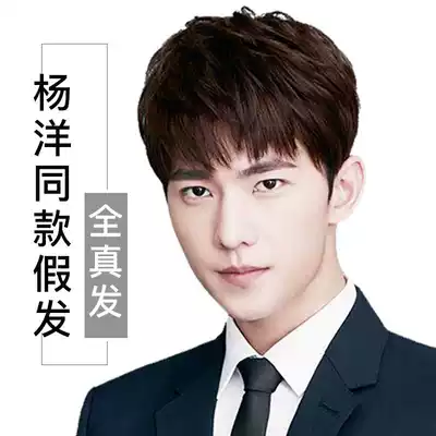 Men's real hair silk texture hot fluffy real wig handsome wig hand-woven business dark brown fashion trim