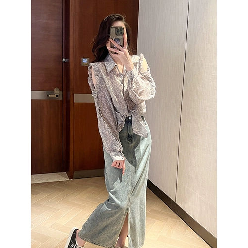 鱼余 Осенняя синяя шифоновая рубашка, городской стиль, свободный крой