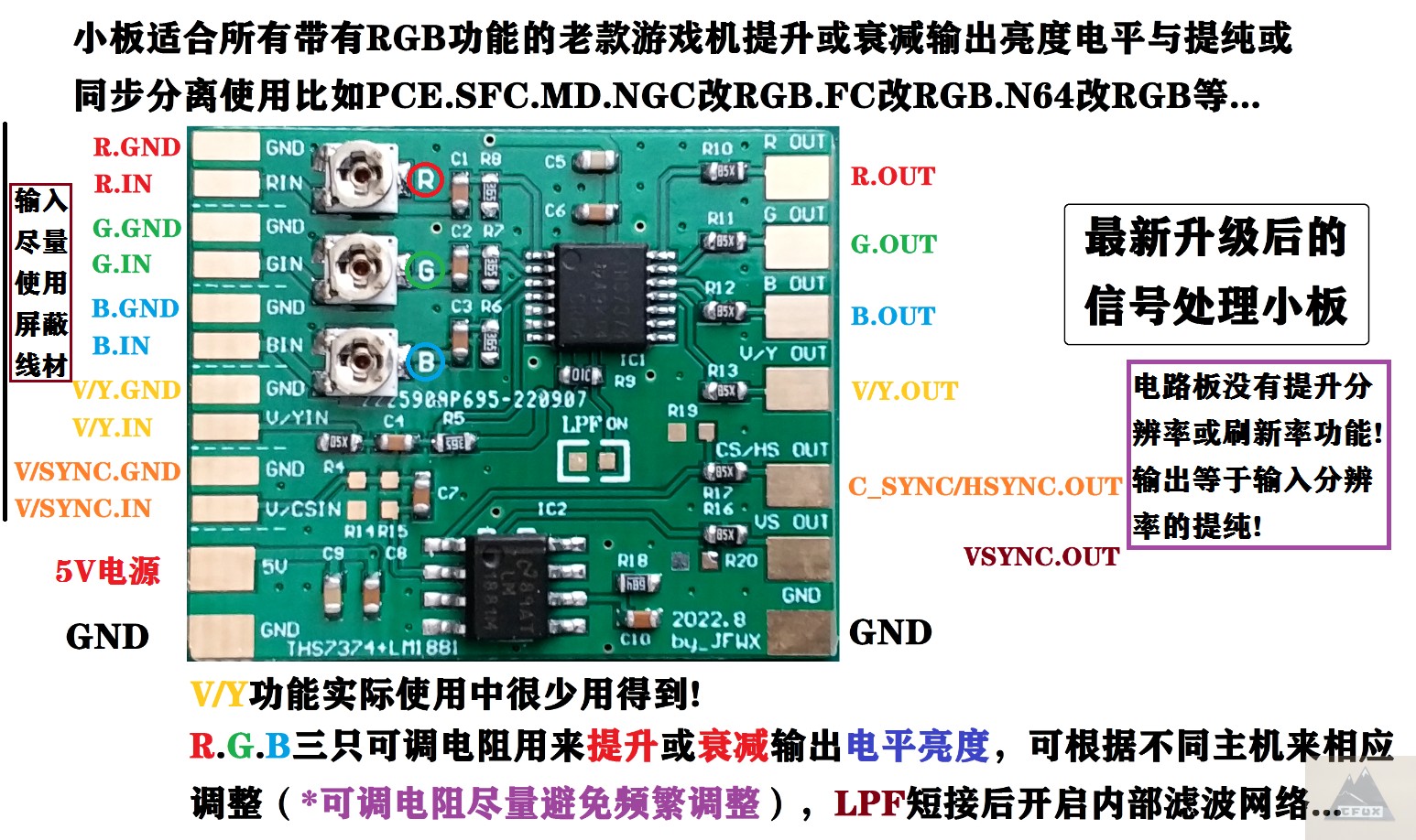 Universal with RGB old game console DIY increase attenuation brightness signal purification circuit board 2022 version