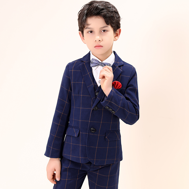 Boy's blue plaid dress Children's small suit boy Little Western suit Playboy host talk show Costume Life