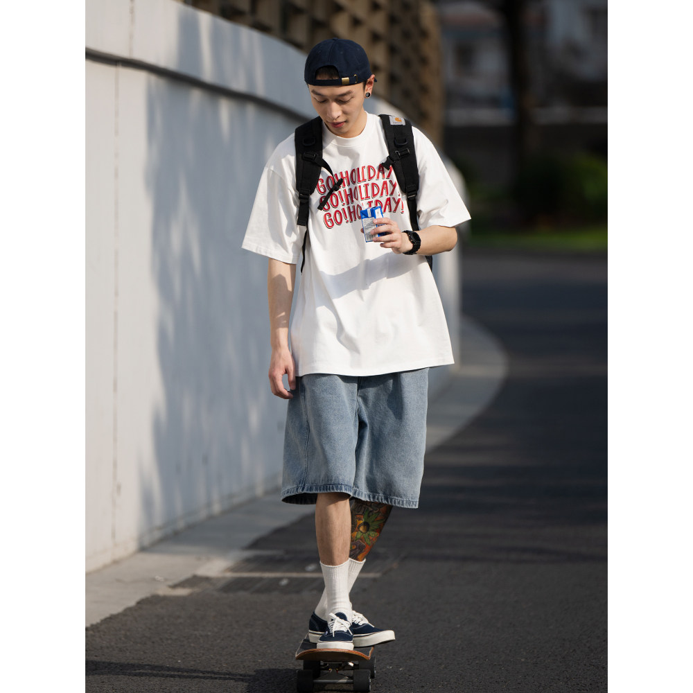 Bellken Morning studio Day of the day Retro T-shirt Male short sleeve holiday printed loose minimalist dress