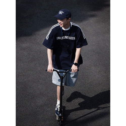 Bellken 300G Тяжелая буква вышивка хлопка классическая ретро три бара вставленные плечевые рукава короткие -мала