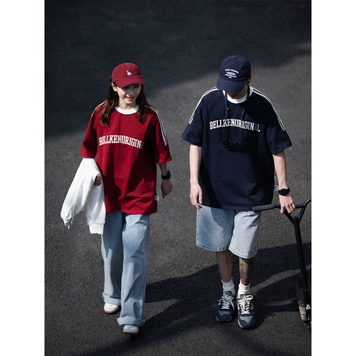 Bellken 300G Тяжелая буква вышивка хлопка классическая ретро три бара вставленные плечевые рукава короткие -мала