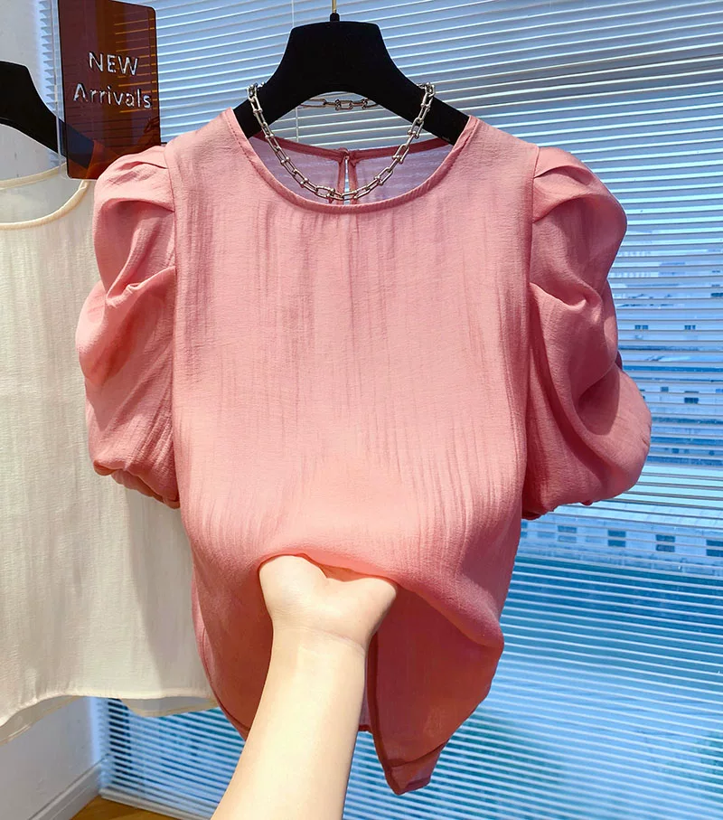Шифоновая летняя футболка, рубашка, puff-рукава, с коротким рукавом