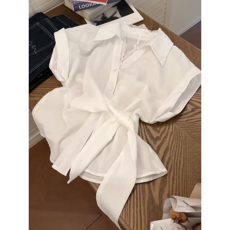 Korean Style Short Lapel Tie-Up Shirt for Women, High-End, Light Luxury, Age-Reducing, Stylish, Sleeveless Lace Vest Layered Top