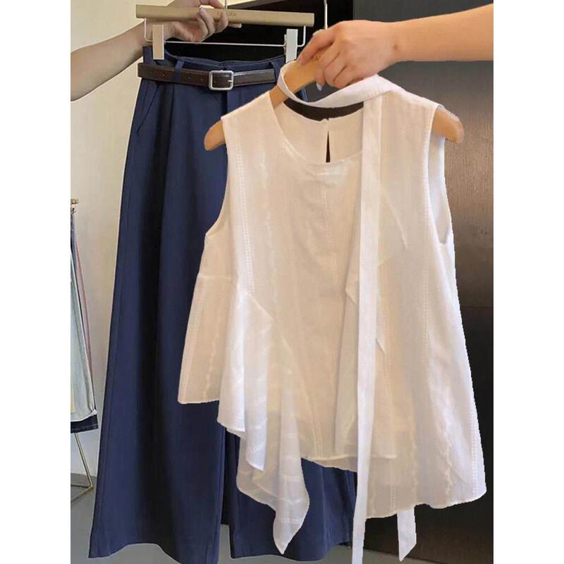 Recommended Bestseller~ Korean-Style Jacquard Embroidered Asymmetrical White Shirt for Women, Summer Sleeveless Top with Ribbons