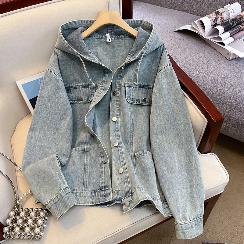 Guangzhou Shisanxing High-Quality Hot-Selling Item~Bella Style Retro Loose Hooded Denim Jacket for Women, Spring and Autumn, Petite Trendy