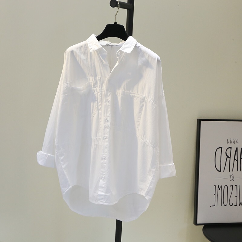 Brand Discount Store Genuine Women's Clothing Clearance Sale Special Price Spring and Autumn Double Pocket Short Front Long Back White Cotton Shirt for Women