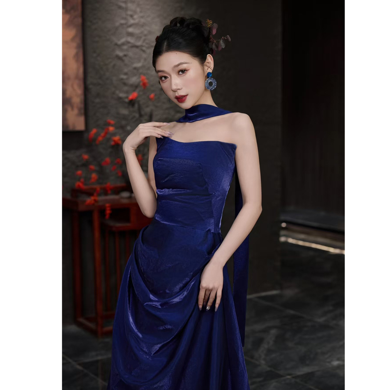 Banquet Evening Dress, High-End Niche Blue Strapless Bridal Engagement Dress, Host Party Birthday Dress Banquet Evening Dress, High-End Niche Blue Strapless Bridal Engagement Dress, Host Party Birthday Dress