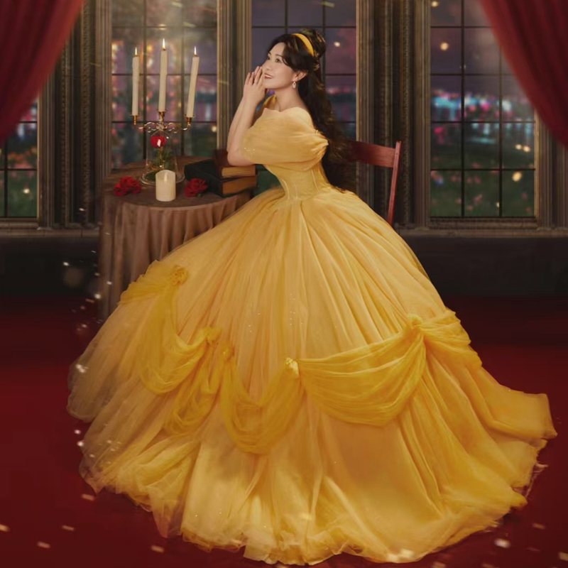 Yellow Belle Princess Evening Dress Similar to the Hippocampus Style, High-End Feel, Suitable for Annual Meetings, Coming-Of-Age Ceremonies, Birthday Parties, and Photo Shoots