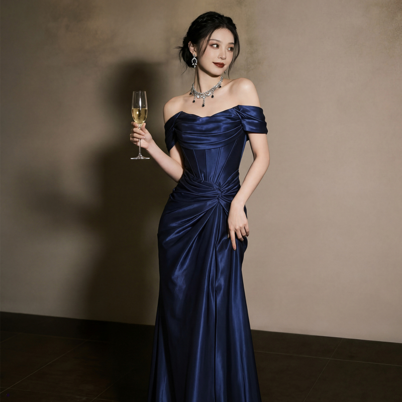 Blue Evening Dress 2026 New Satin Off-Shoulder High-End Fishtail Coming-Of-Age Ceremony Host Niche Banquet Dress