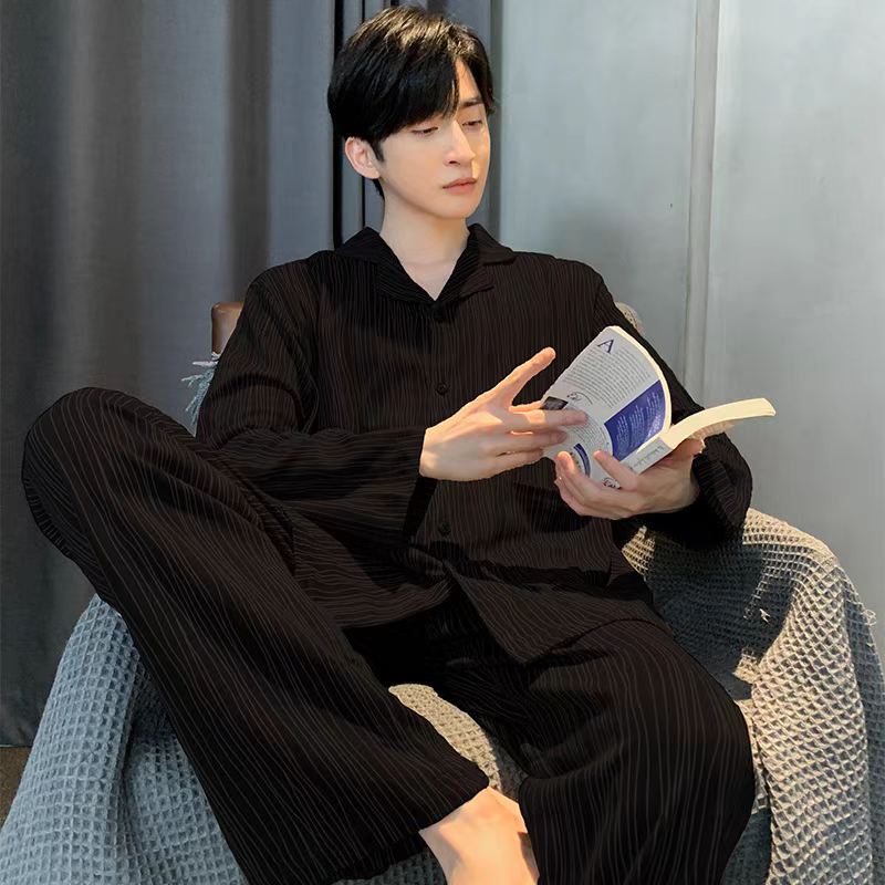Pajamas for Men in Spring and Autum, Pure Cotton Long-Sleeved Men's Plus Size Youth Cotton Autum and Winter Home Wear Suits That Can Be Worn Outside