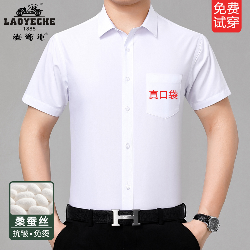 Vintage Short-Sleeve Shirt for Men, Non-Iron Mulberry Silk, Middle-Aged Dad's Ice Silk Business Casual White Shirt with Pockets