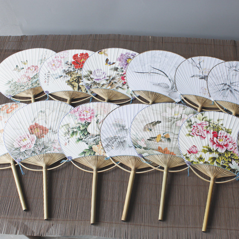 Palace fan printed rice paper fan dough fan calligraphy painting creation bamboo root fan handle male fan female flower beauty fan