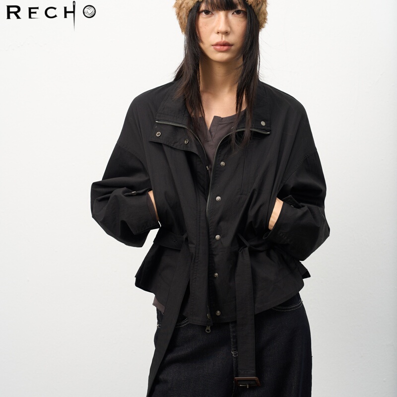 Recho2026 Spring New Style Waist-Cinching Batwing Sleeve Trench Coat with a Slimming Design and Segmented Cut