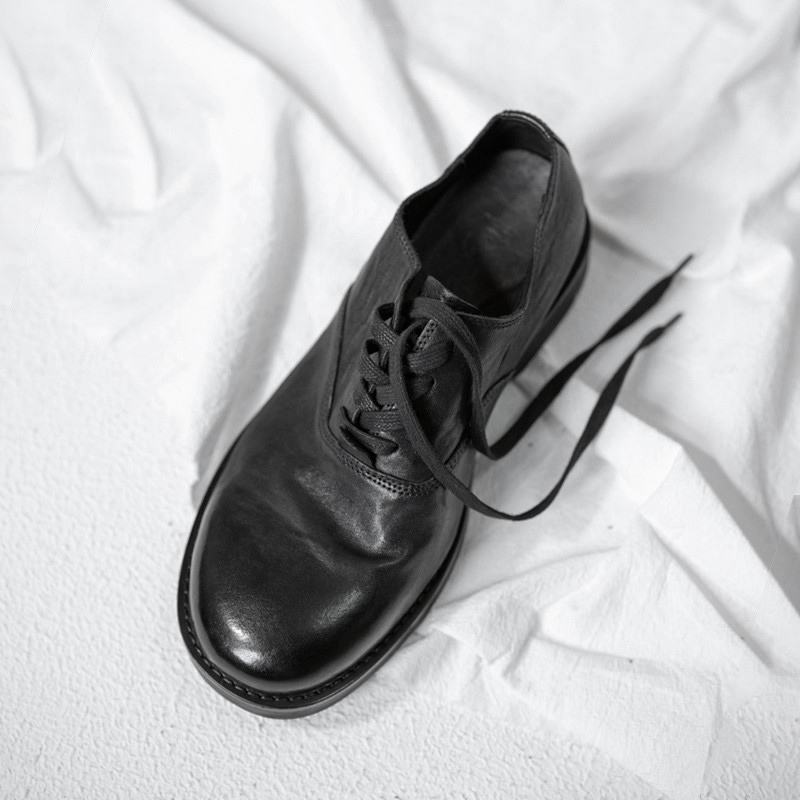 Japanese Retro Black Leather Shoes for Men, Old Money Style, Yamamoto Handmade Trendy Shoes, Unique Distressed Genuine Cowhide Soft Leather Shoes for Autumn