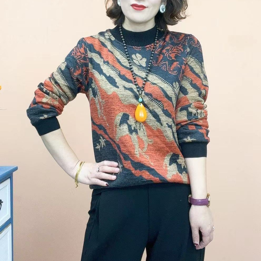 Winter new foreign air half-height collar plus suede undershirt middle-aged fashion warm printed mom T-shirt middle-aged blouses-Taobao