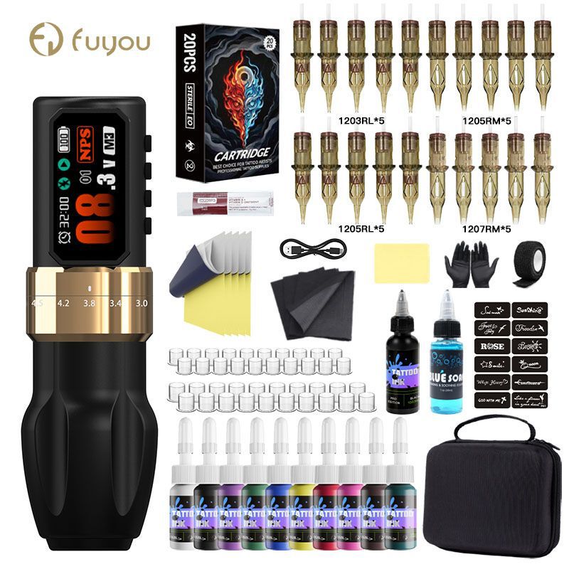 All-In-One Tattoo Kit • Multifunctional Wireless Tattoo Pen Machine with Adjustable Stroke for Practice Tattooing, Color Ink and Needles