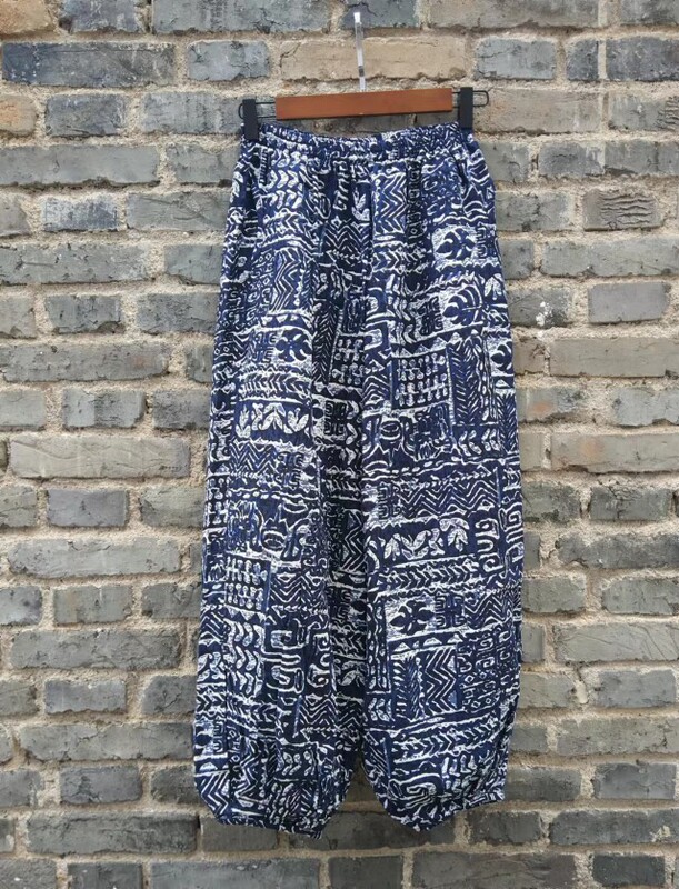 Yunnan Dali Lijiang Xishuangbanna Ethnic Style Cotton and Linen Printed Wide-Leg Tapered Pants Straight-Leg Pants Unisex Couple Pants