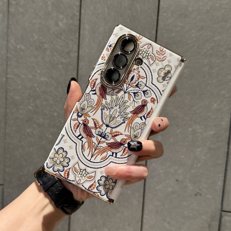 Suitable for Samsung W25 Phone Case, Samsung Galaxy Z Fold 30% off New Folding Screen Protective Case, Selected High-End Plain Leather Dual Central Axis Protective Hard Case, Advanced Ethnic Style with Rich Bird Totem