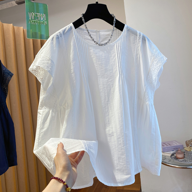 White Lace Patchwork Shirt for Women, Short-Sleeved, 2026 New Summer Style, Loose and Very Pretty Blouse, Babydoll Top