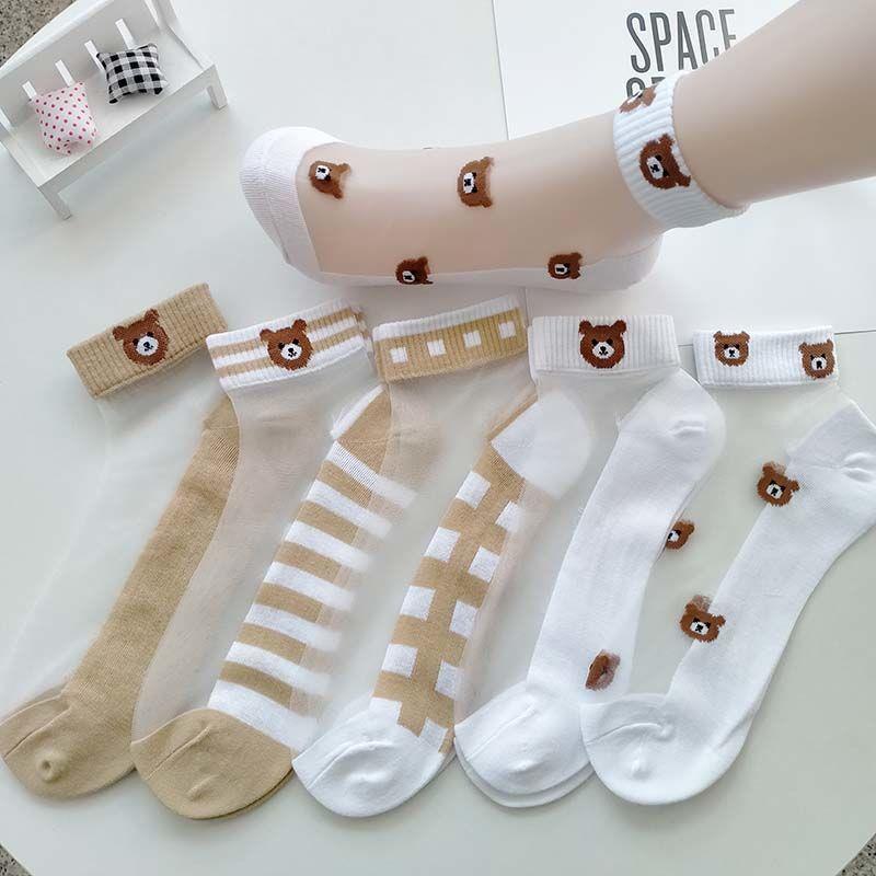 22 new socks women's summer new socks shallow mouth ins tide Korea cute cartoon bear thin crystal silk