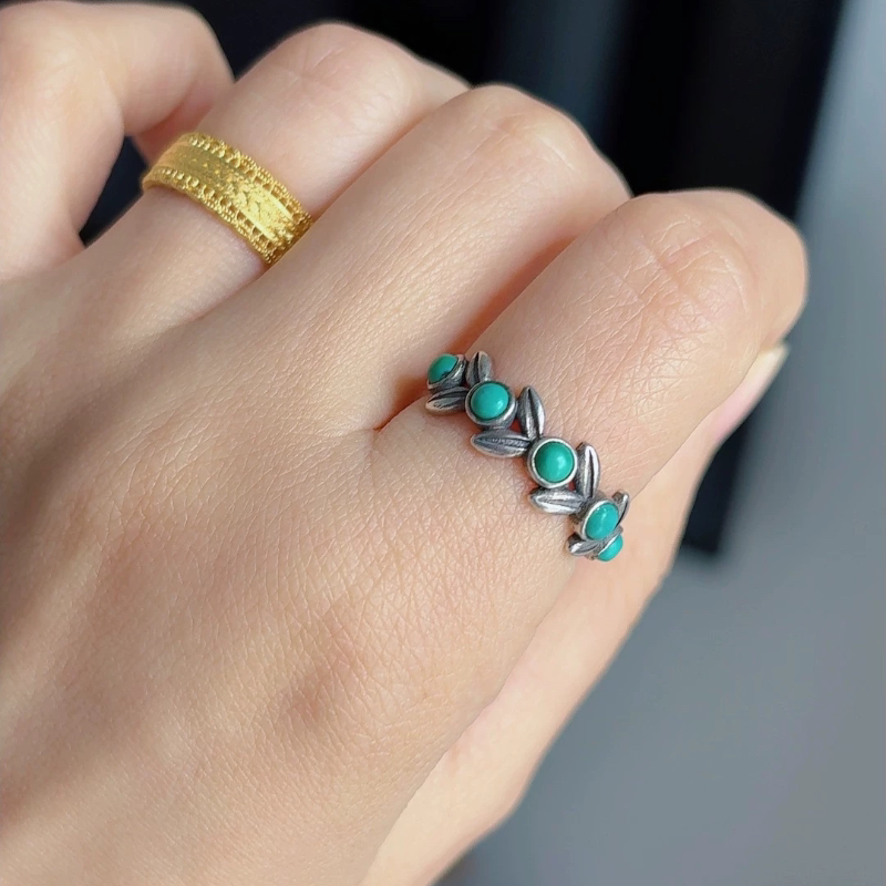 925 Silver Ring with Natural Turquoise and Vintage Wheat Ear Design, Adjustable Size