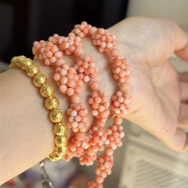 Pink Coral Bead Woven Necklace Sweater Chain 65cm Long (No Certificate, Consignment Items Are Non-Returnable)