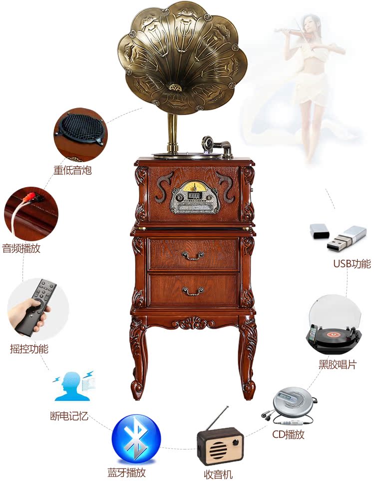 đầu đĩa than cho người mới chơi	 Gỗ rắn châu Âu sừng lớn máy ghi âm retro phòng khách nhà người Mỹ ghi đĩa vinyl máy ghi âm cũ - Máy hát 	đầu đĩa than liền amply