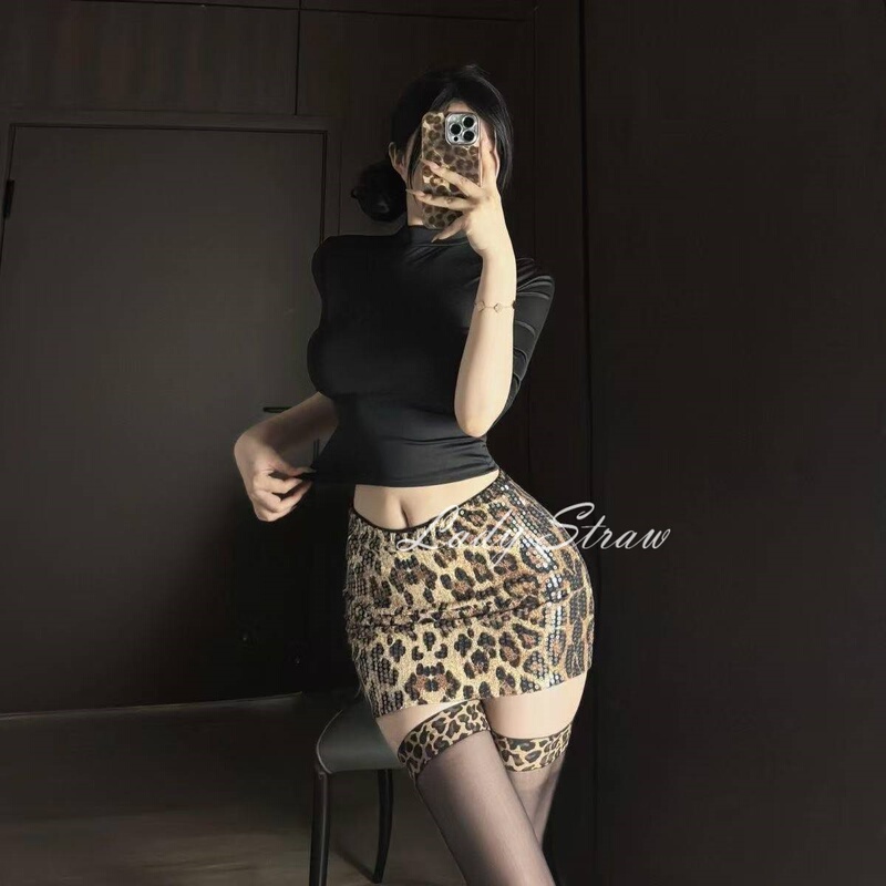 「Ls」Leopard Print Aesthetics American Retro Sequin Pure Desire Hot Girl Low-Waist High-End Slim-Fitting Elegant Short Skirt