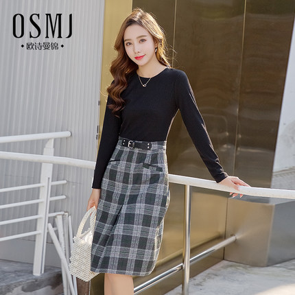 欧诗曼锦2018秋季新品时尚拼接连衣裙中长裙