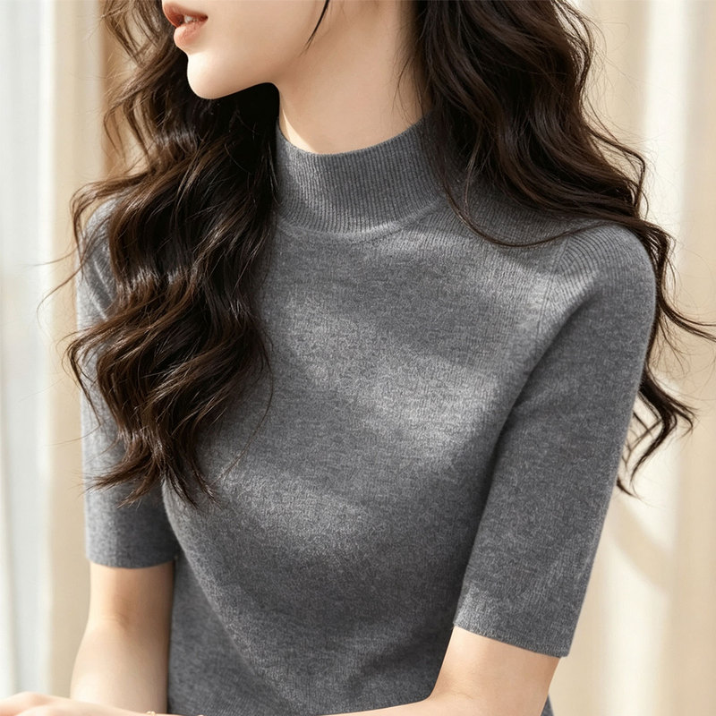 Half-High Collar, Five-Quarter Sleeve Knit Sweater for Women, Fine Yarn Base Layer Knit Top, Autumn 2026