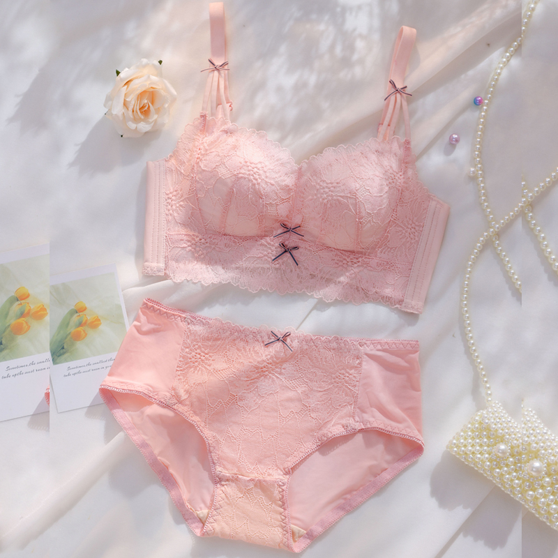 Women's Lingerie Set with Push-Up Effect for Small Busts, Non-Gaping Cups, Ab Thickened, 5cm Bra, C Cup, Thin Style, Four-Row Hook, Lace Bra Set