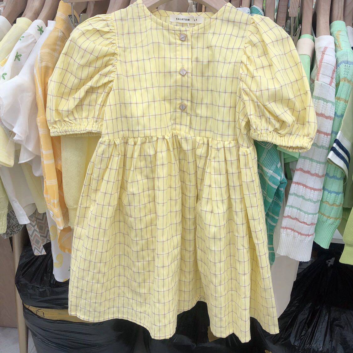 Xuan baby Korean children's clothing 2020 spring and summer new item girls pure cotton plaid dress bubble sleeves waist skirt