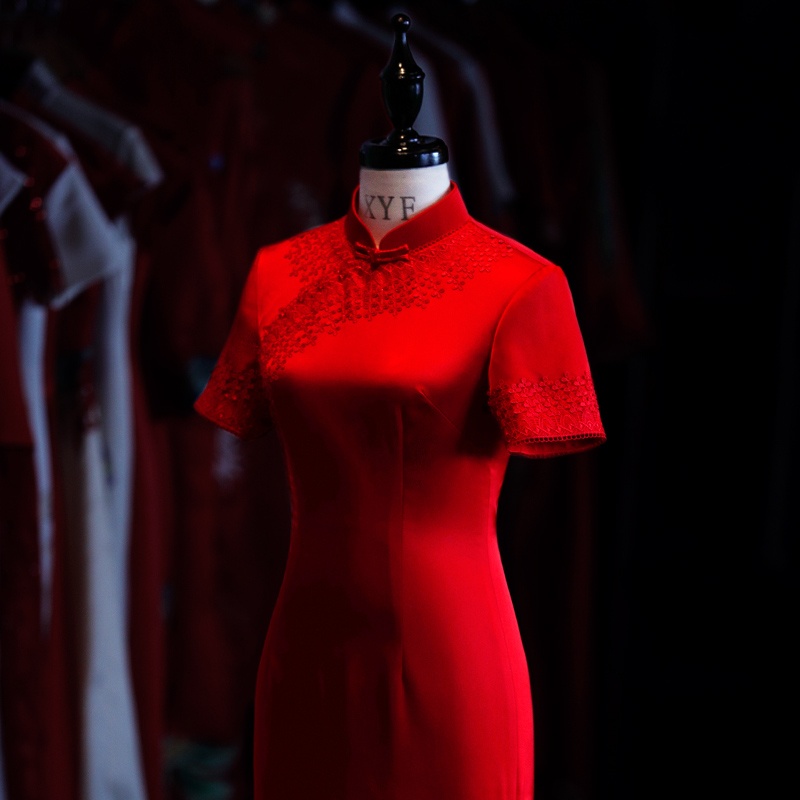 Evening dress, red wedding dress, long cheongsam, 2020