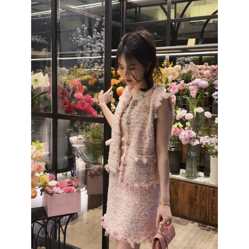 Yumaru Saravivi Butterfly Dance of Spring Imported Chanel-Style Tweed Original Sequin Design Pink Tone Suit for Women