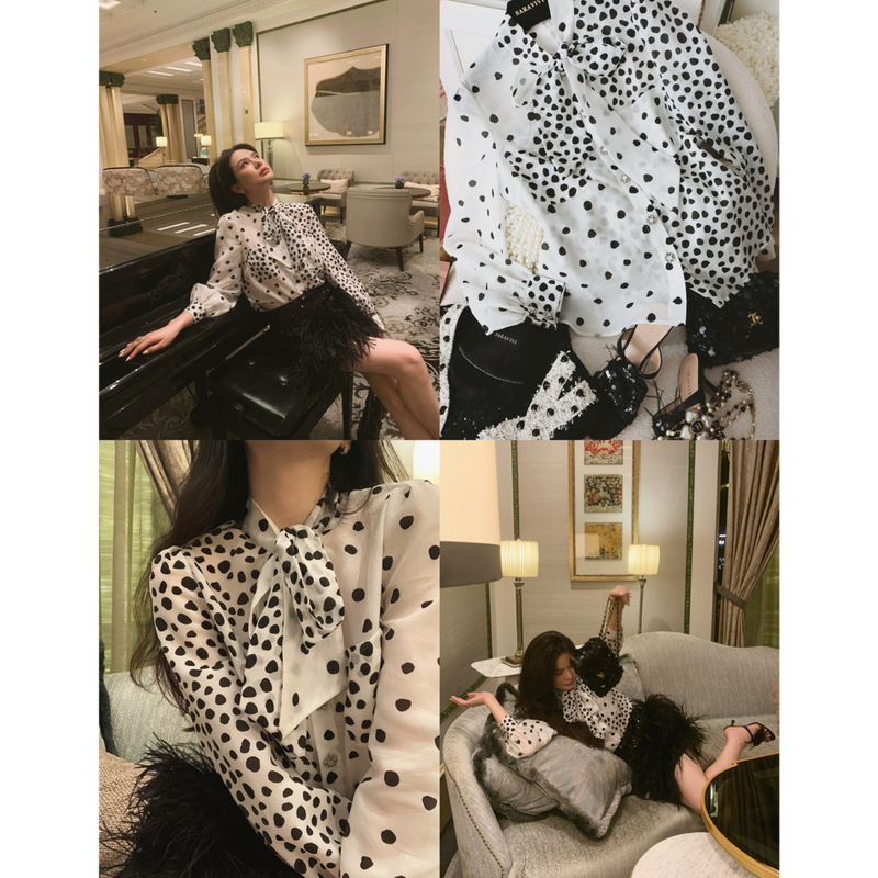 Yumaru Saravivi Original Cheetah Print French Tie Polka Dot Print Long-Sleeve Elegant Shirt, Stylish and Unique for Women