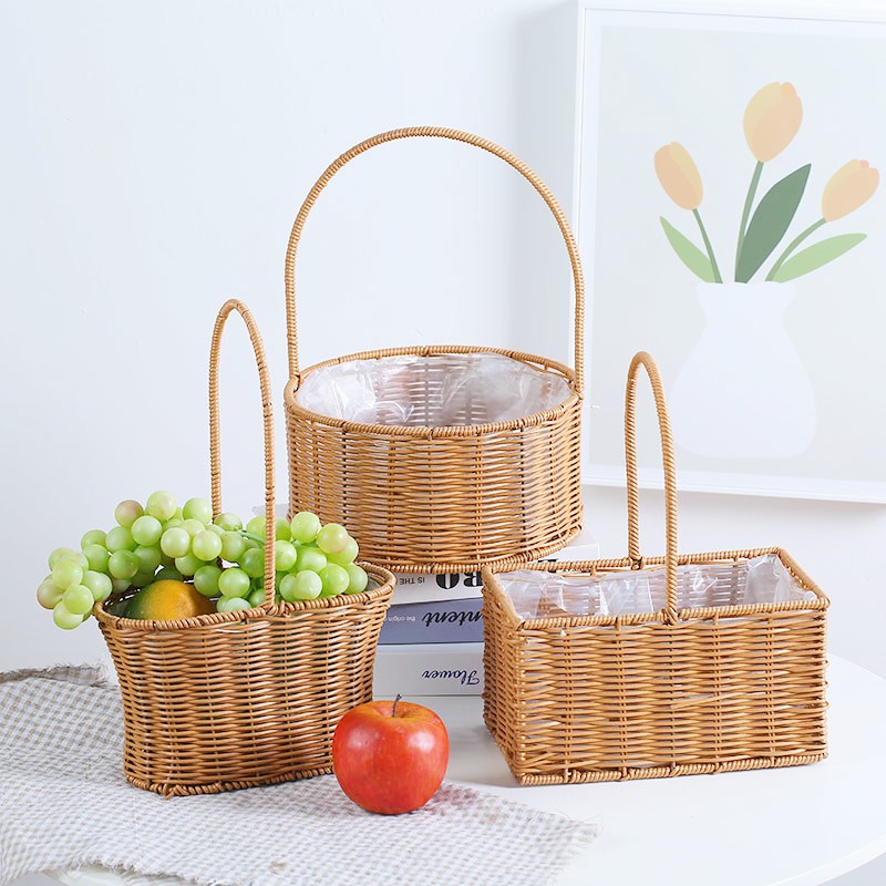 Imitation vine woven flower basket living room decoration containing basket wedding companion hand gift basket Outdoor picnic water fruit basket-Taobao