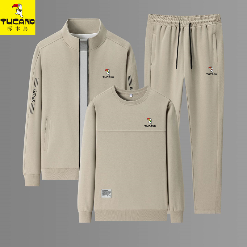 Woodpecker Sports Suit Men's Spring and Autumn Stand-Up Collar Cardigan Casual Jacket Running Suit Loose Sweatshirt Three-Piece Set