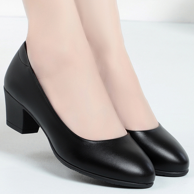 Flight Attendant Long-Standing Work Shoes for Women, Black Mid-Heel Leather Shoes, Formal Work Shoes, Interview Shoes, Matching with Suits, Round-Toe Women's Shoes