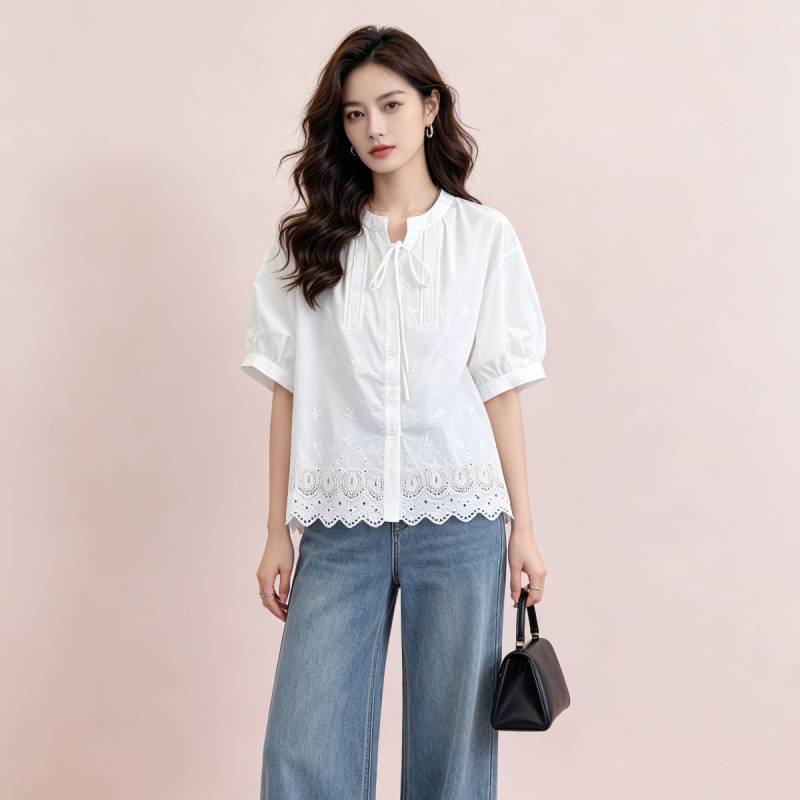 Summer French-Style Embroidered Lace Short-Sleeved Shirt, Loose Babydoll Top, Women's Plus Size New Versatile Personalized Shirt