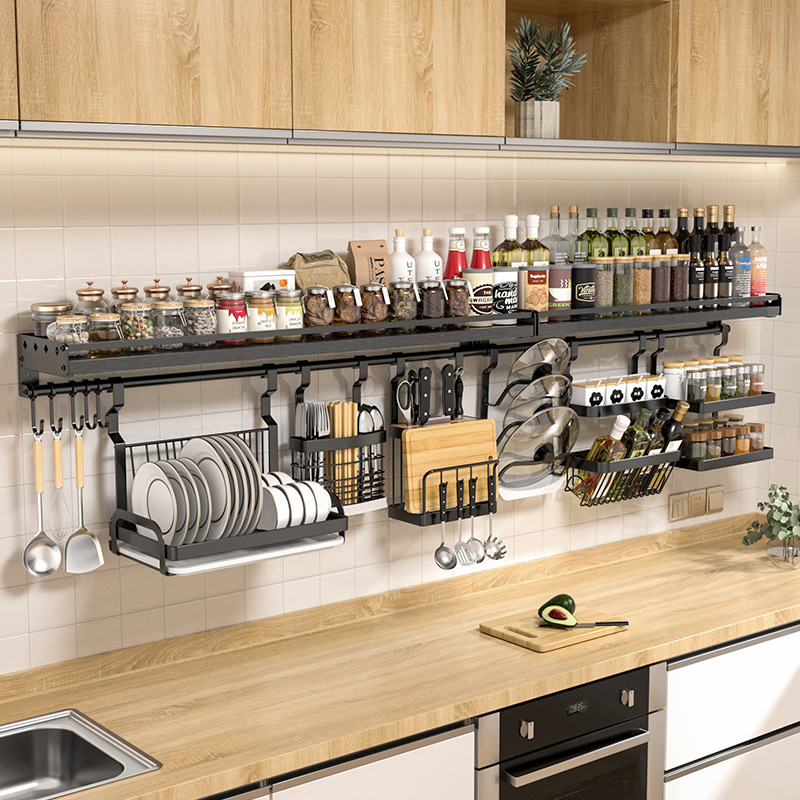 Black stainless steel kitchen rack wall-mounted wall seasoning rack hanger pendant storage plate knife widening