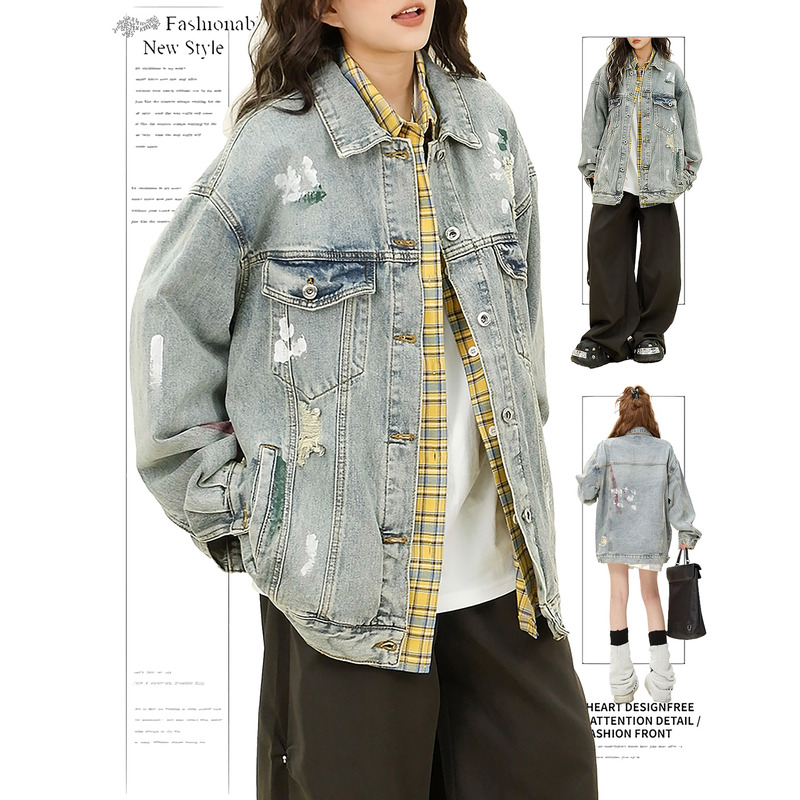 Dusk American High Street Graffiti Print Ripped Denim Jacket for Women, Spring and Autumn Trendy Brand Couple Loose Bf Denim Jacket