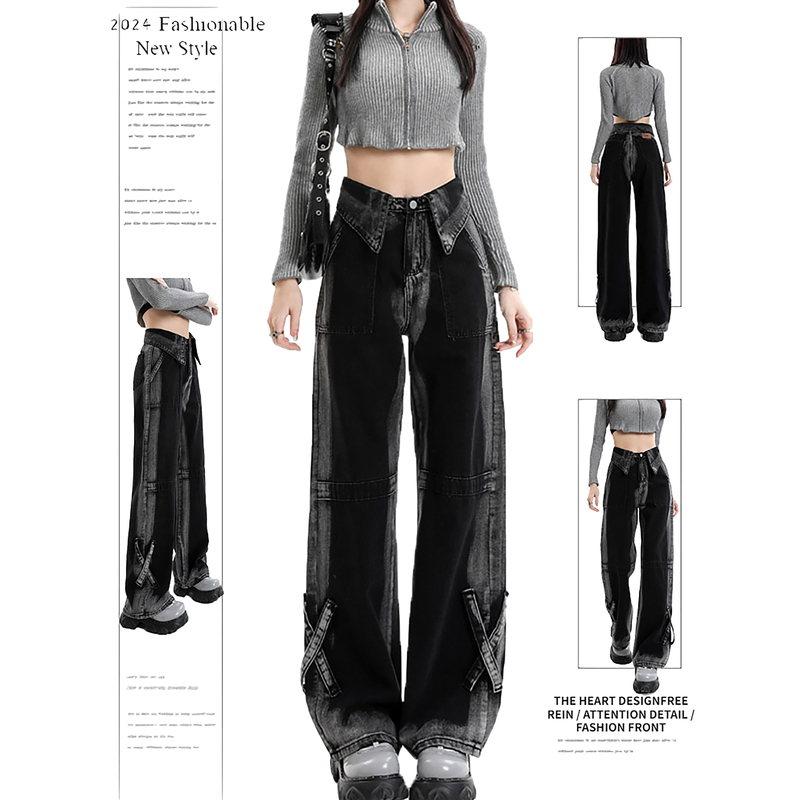 Dusk American-Style Black and Gray Gradient Cuffed Denim Wide-Leg Pants for Women, New Spring and Autumn Slimming Straight-Leg Floor-Length Trousers