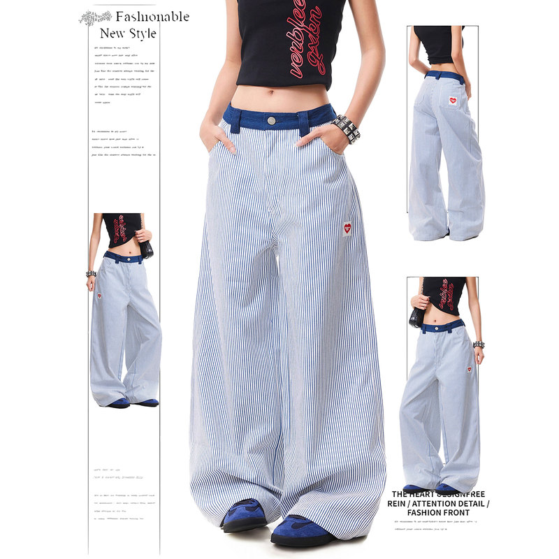 Dusk Original Heart Embroidery American Retro Vertical Striped Pants Women's Design Niche Wide-Leg Pants Straight Drape