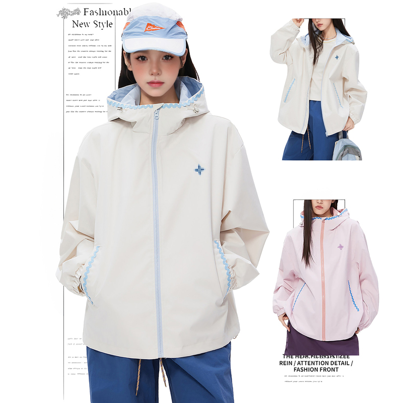 Dusk American-Style Hooded Jacket for Women, Spring and Autumn Outdoor Casual Color-Blocking Shell Embroidery Workwear Jacket Cardigan Top
