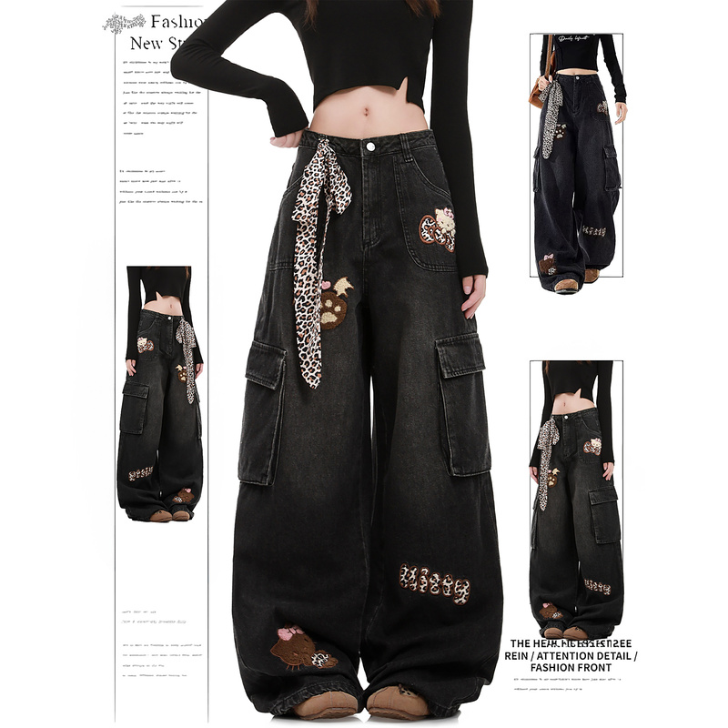 Dusk Leopard Print Kitty Cat Workwear Jeans for Women, Spring and Autumn Straight-Leg Pants, Washed Multi-Pocket Embroidered Wide-Leg Pants