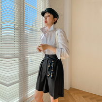 KC home 2021 autumn new short high waist leather wide leg pants imported sheepskin loose leather shorts