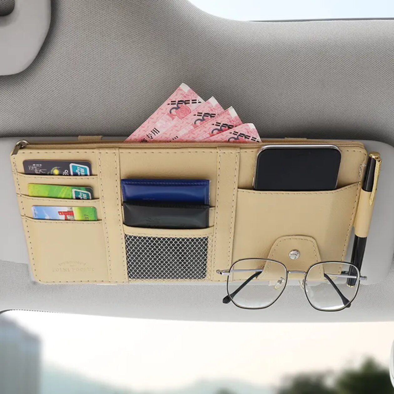 Car Sun Visor Storage Clip, Multi-Functional Car Interior Glasses Holder, Card Holder, Storage Bag, Document Storage Cover