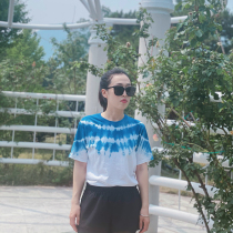 Summer new pure cotton short-sleeved Bai tie-dye retro pure blue dye T-shirt plant-dyed loose top handmade shawl